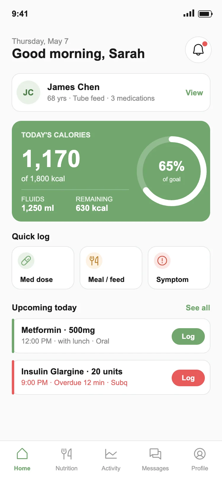 My HealthLink home dashboard showing today's calories, quick log buttons and upcoming medications